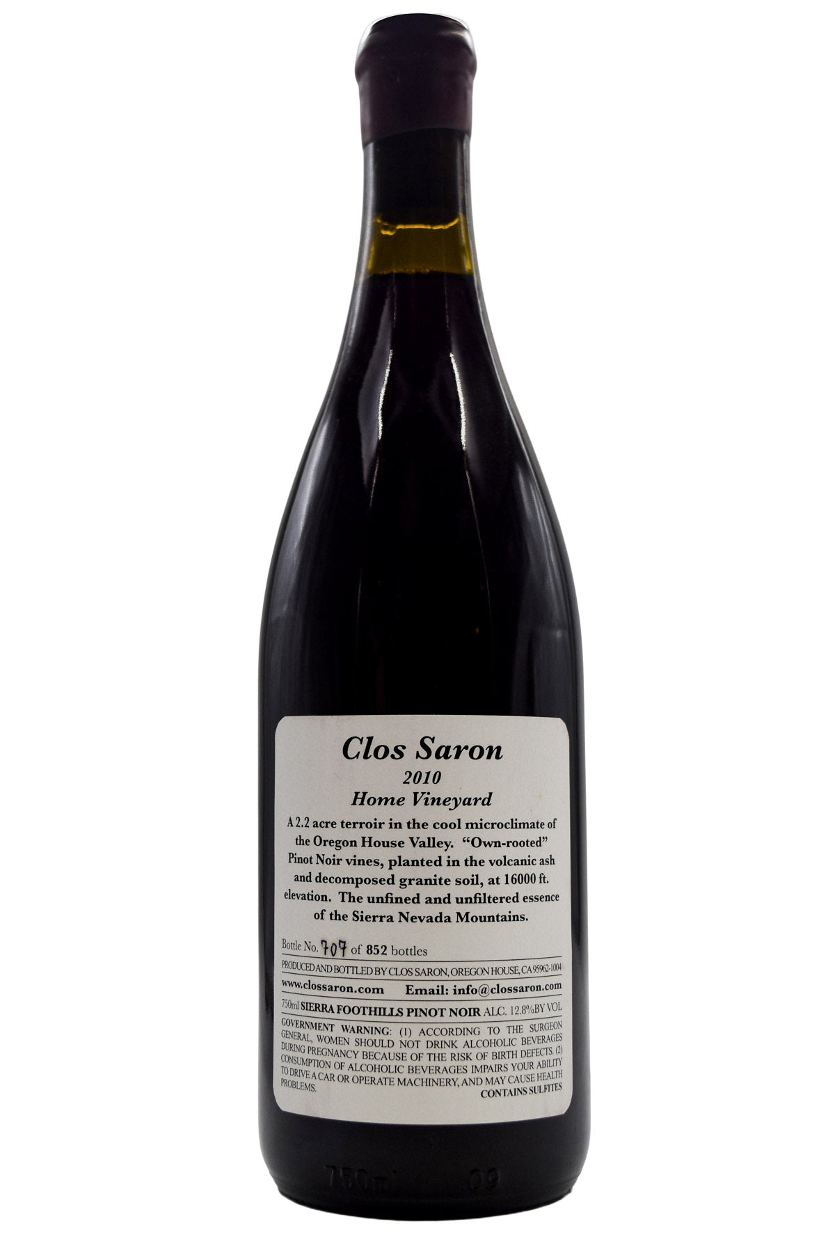Bottle of Clos Saron Home Vineyard Pinot Noir 2010-Red Wine-Flatiron SF