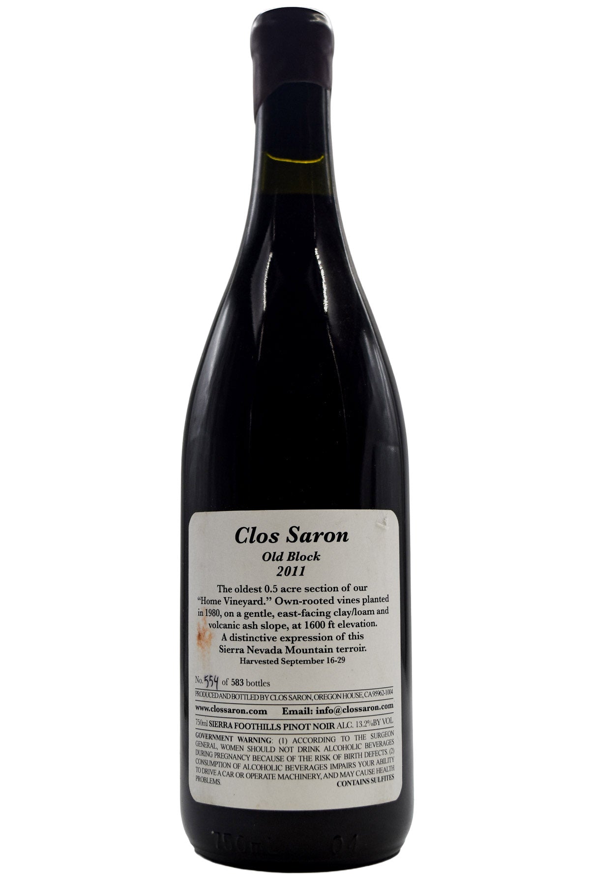 Bottle of Clos Saron Home Vineyard Pinot Noir Old Block 2011-Red Wine-Flatiron SF