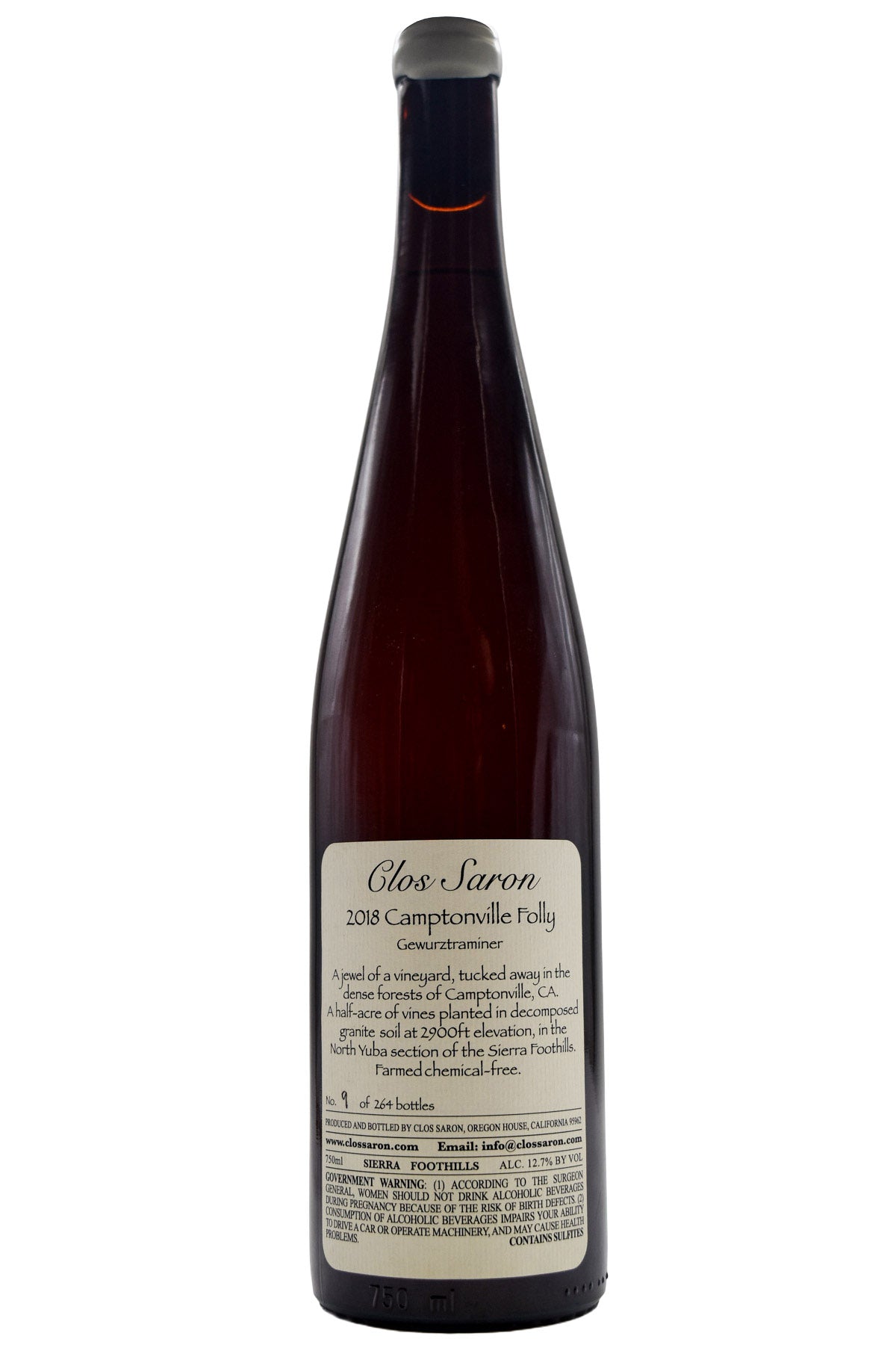 Bottle of Clos Saron Sierra Foothills Gewurztraminer Camptonville Folly 2018-Red Wine-Flatiron SF