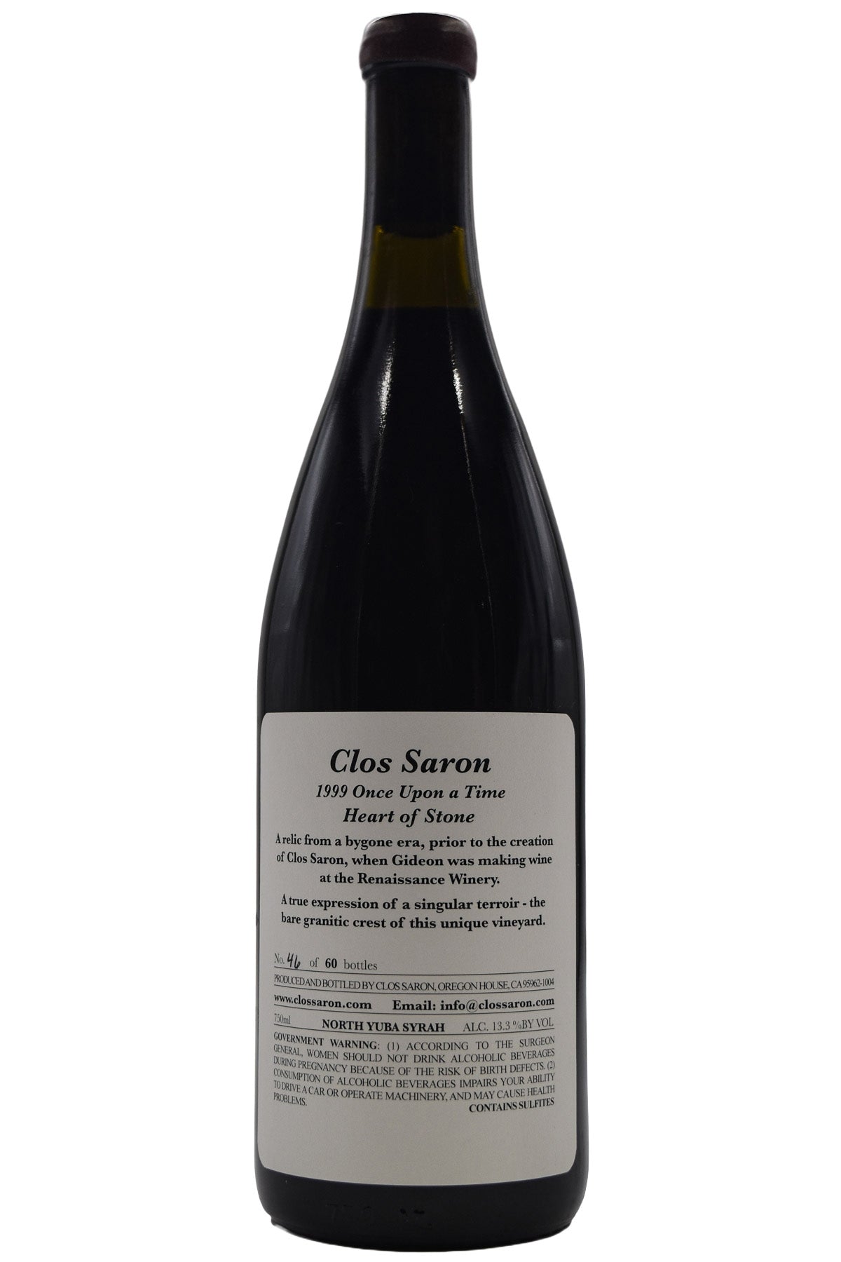Bottle of Clos Saron Sierra Foothills Heart of Stone Syrah 1999-Red Wine-Flatiron SF
