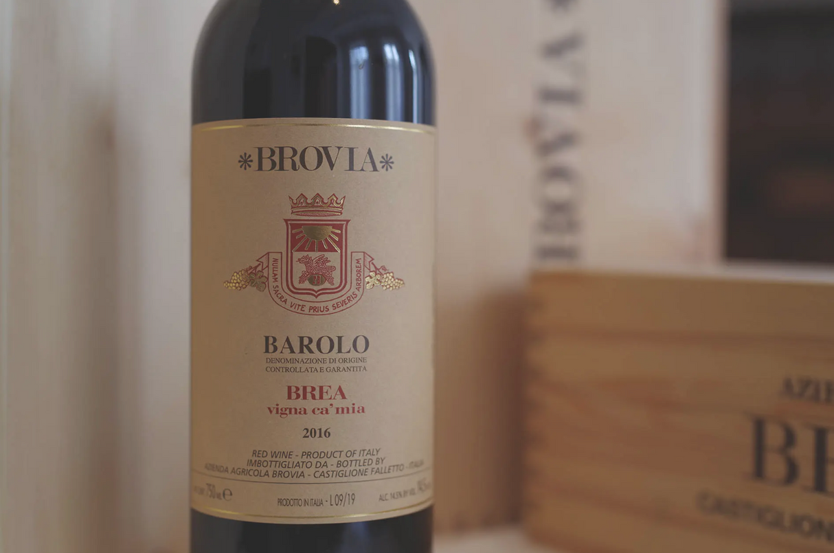 Brovolà Barolo Brea wine bottle with a blurred background