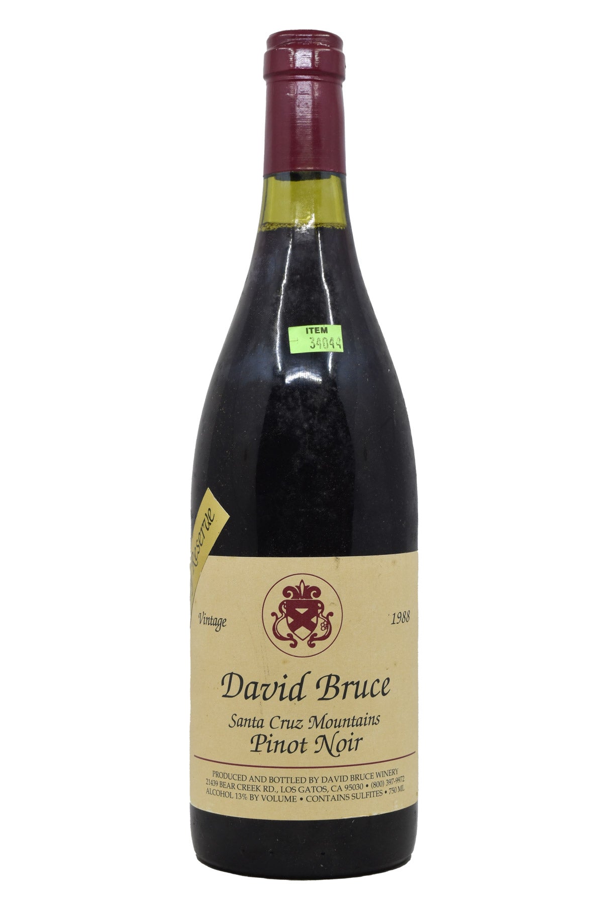 Bottle of David Bruce Santa Cruz Mountains Pinot Noir Library Reserve 1988-Red Wine-Flatiron SF