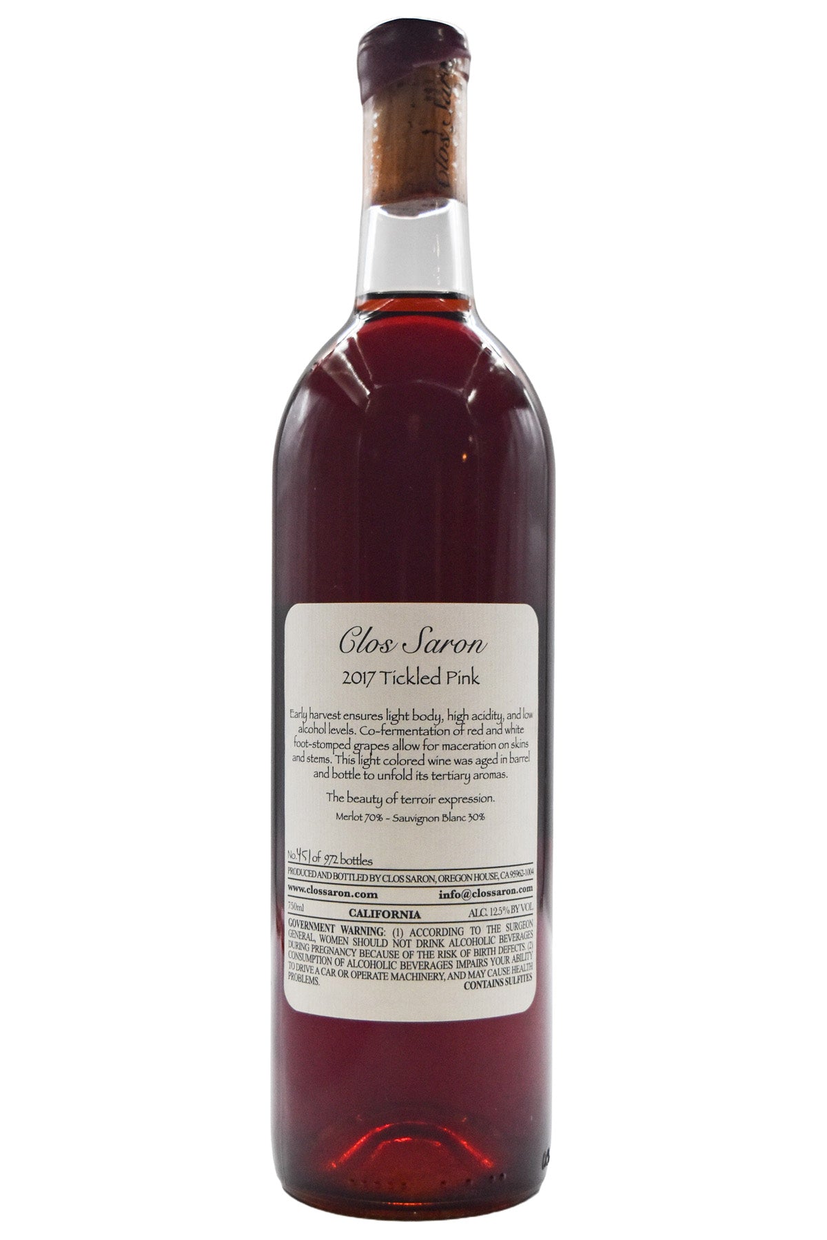 Bottle of Clos Saron Sierra Foothills Rose Tickled Pink 2017-Rosé Wine-Flatiron SF