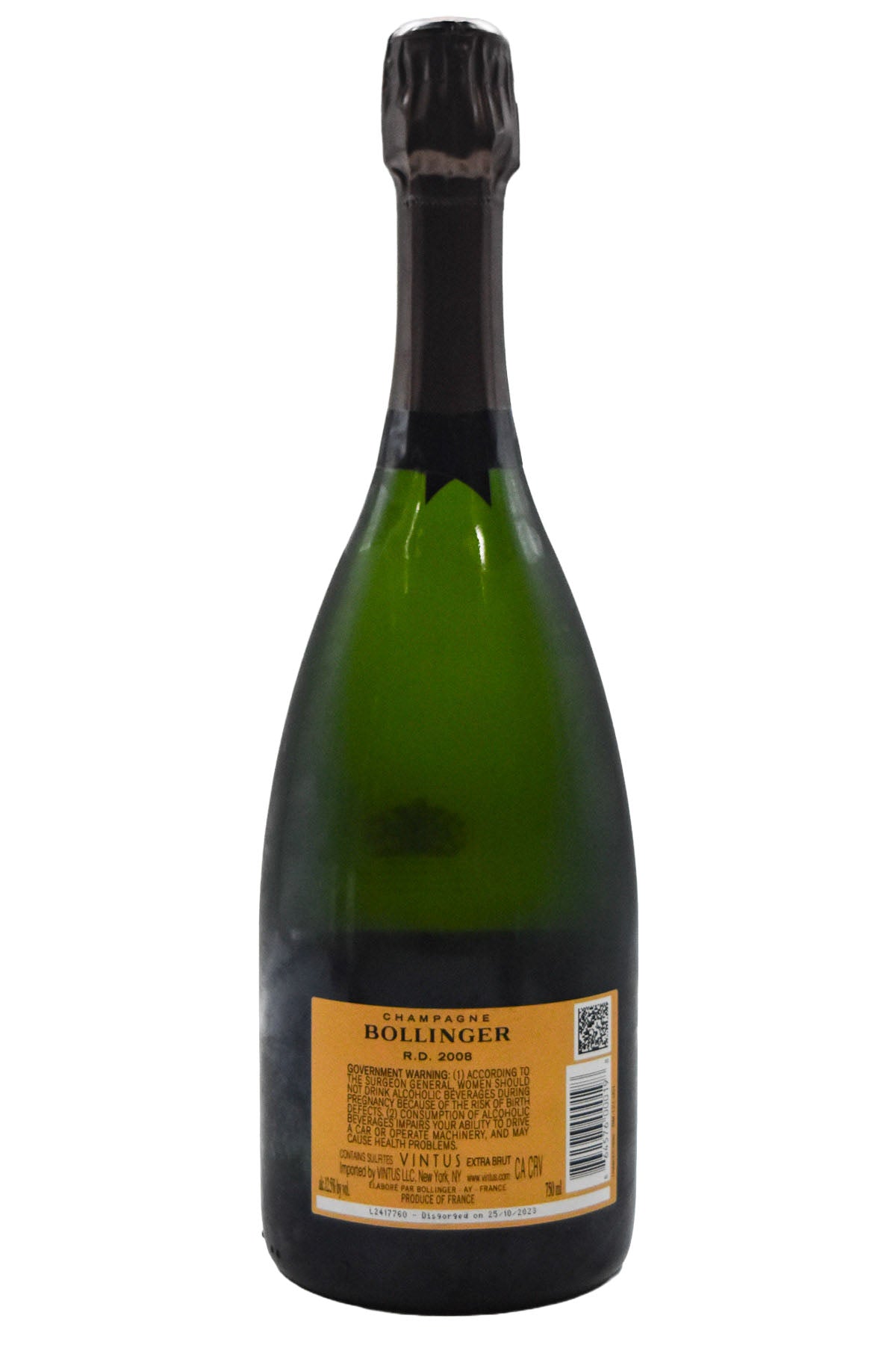 Bottle of Bollinger Champagne Extra Brut R.D. [3rd Disgorgement] 2008-Sparkling Wine-Flatiron SF