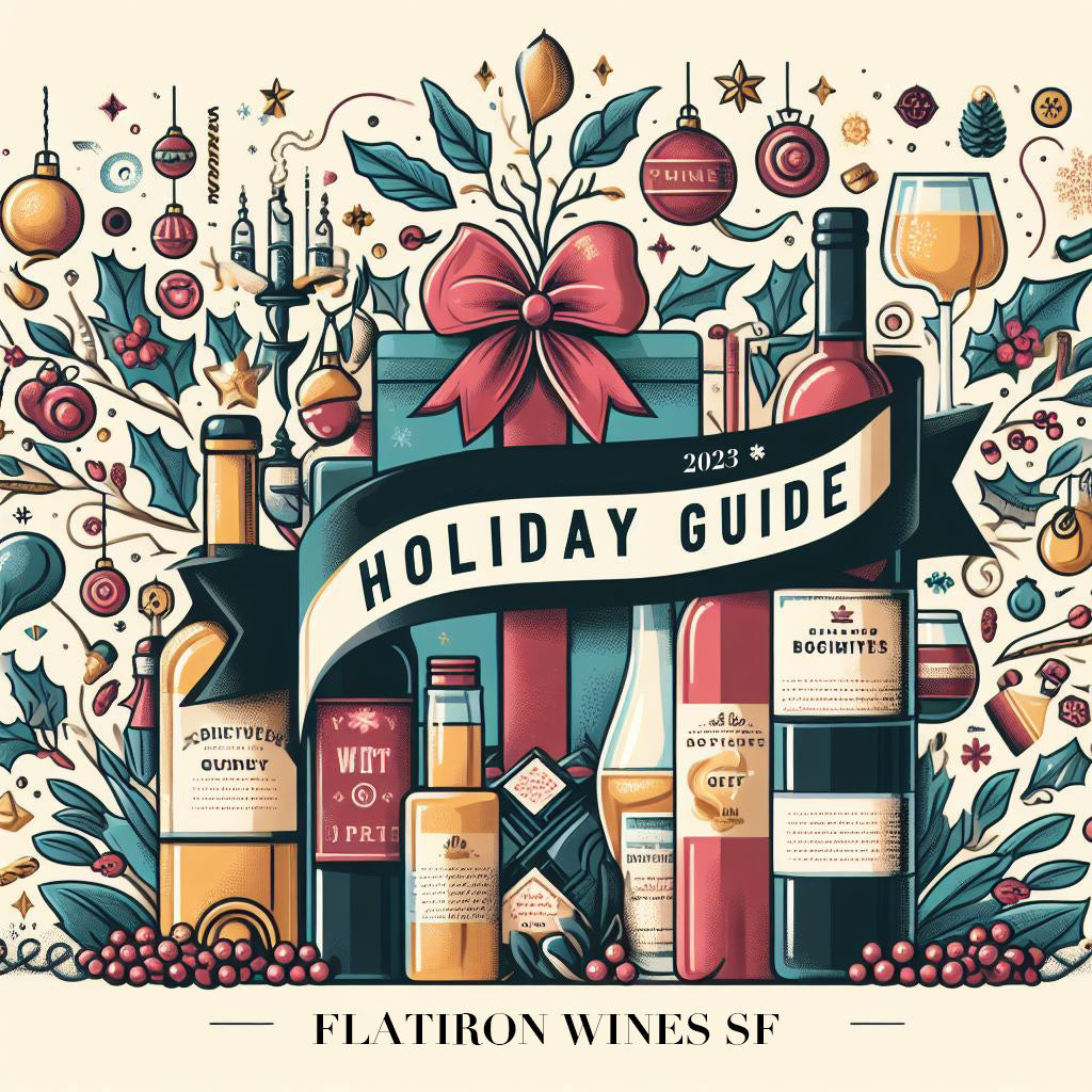 Decorative cover illustration for Flatiron Wines SF 2023 Holiday Gift Guide
